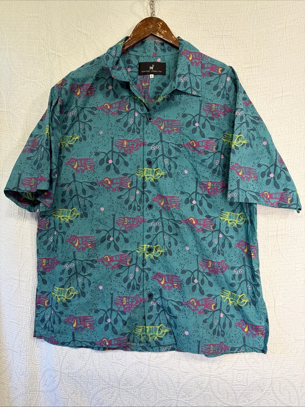 Peruvian Connection Shirt Men XL Pima Cotton Loop Collar Camp All Over Print